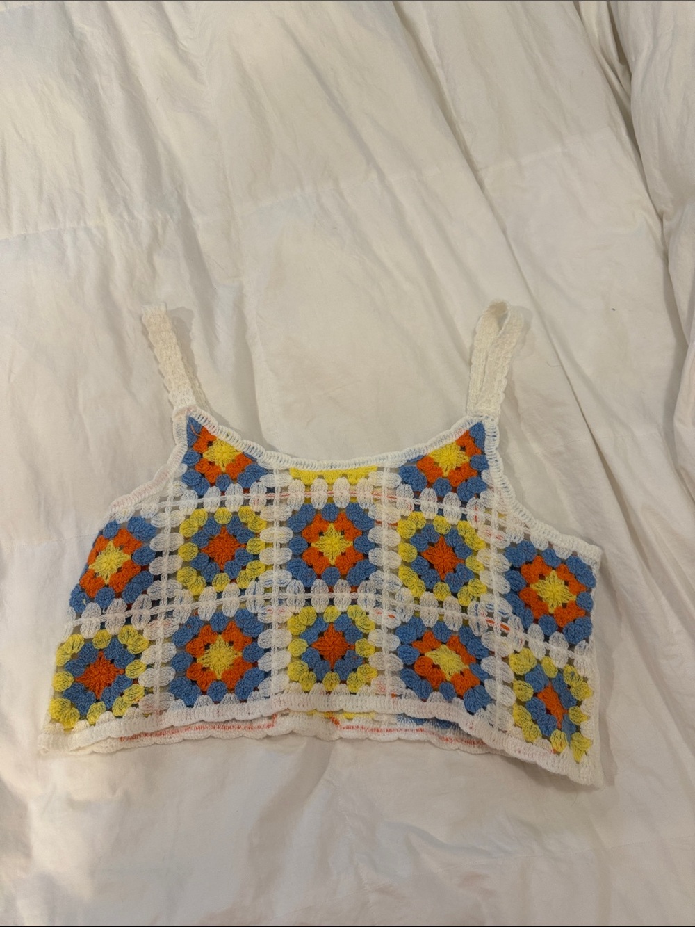 Crochet Square-Pattern Tank Top in White, Blue & Yellow